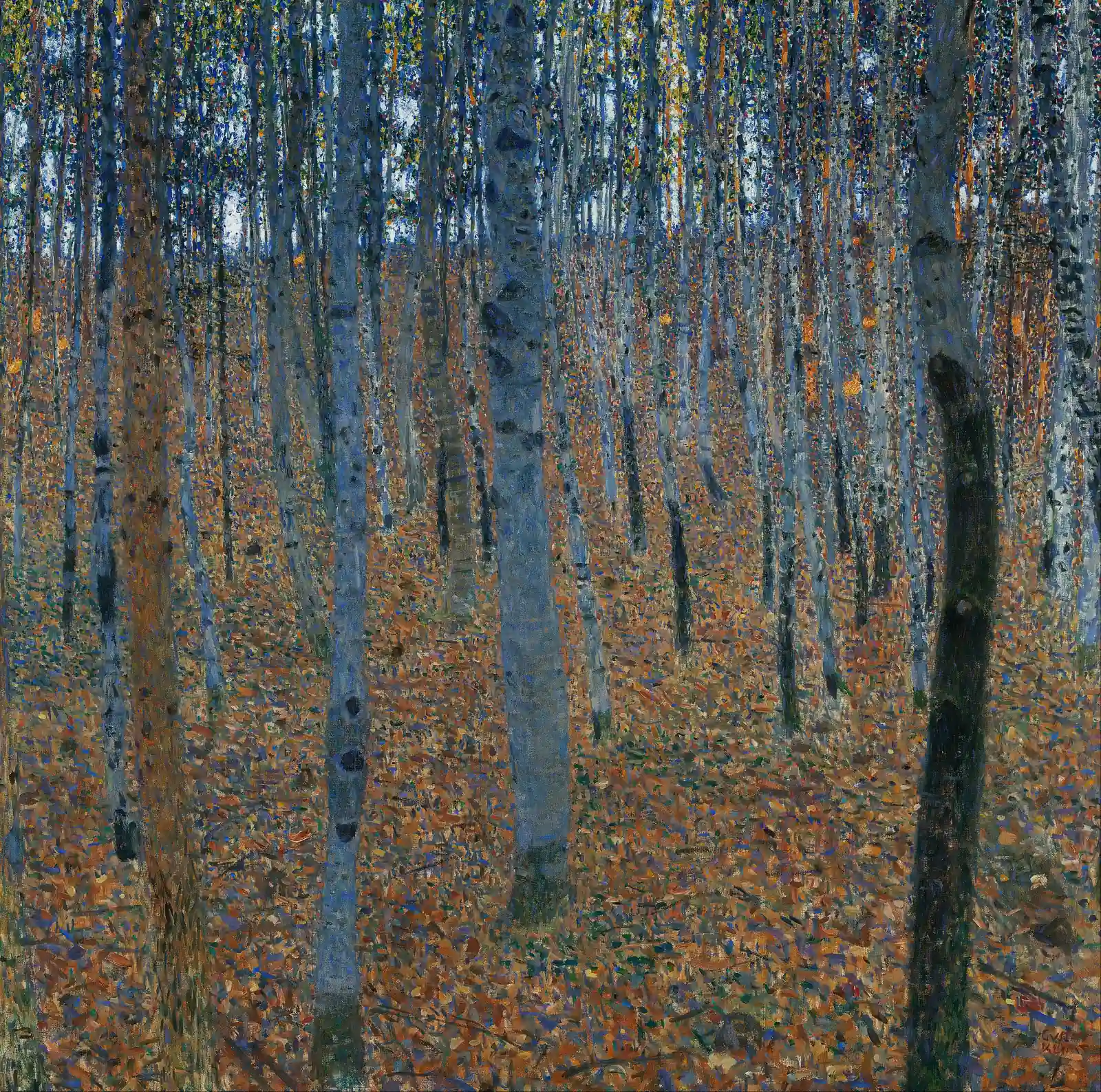 Slender trees rise through a richly painted woodland in Gustav Klimt's Beech Grove I.