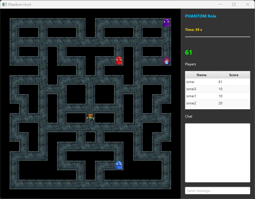 A screenshot of PhantomHunt's colorful maze and multiplayer characters.